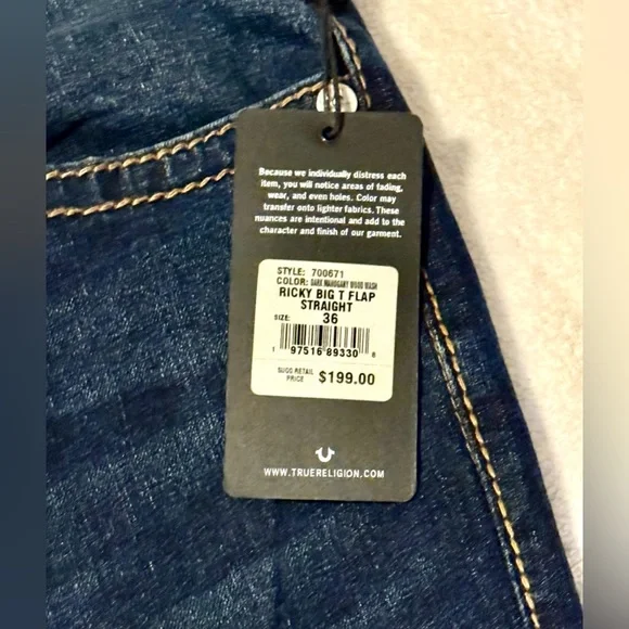 NWT Men’s True Religion Ricky Big T Flap Straight Size 36